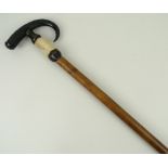 A 19th century walking cane with horn and 'hoof' handle, 'Trummelbach' painted to stick, 93cm long.