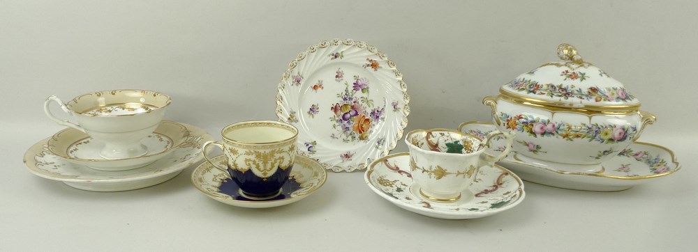 A group of 19th century and later porcelain, comprising a Dresden fluted edge plate,