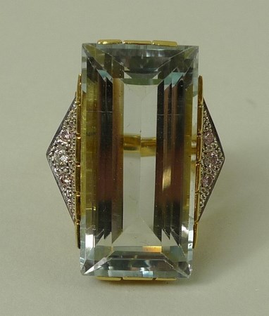 An 18ct gold Art Deco French designer dress ring, the central pale blue untreated topaz 15 by 30mm, - Image 2 of 4