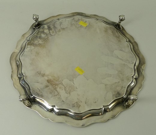 A silver salver, Chippendale piecrust edge, raised on four ball and claw feet, Sheffield 1924, - Image 2 of 2