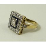 An Art Deco 18ct gold, diamond and sapphire ring, in a concentric square setting,