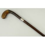 A silver collared cane with sloped club handle, London 1900, maker 'WB', 93cm.