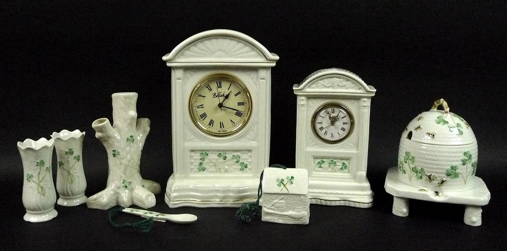 A collection of Belleek ceramics, in Shamrock pattern comprising Glenveigh mantel clock, 25cm,