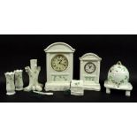 A collection of Belleek ceramics, in Shamrock pattern comprising Glenveigh mantel clock, 25cm,