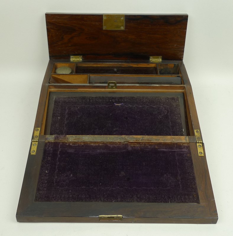 A Victorian rosewood writing slope with mother of pearl inlay, a/f slope loose, 30 by 24 by 8.5cm. - Image 4 of 4