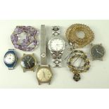 A group of costume jewellery and watches including silver and quartz necklace and a raw uncut