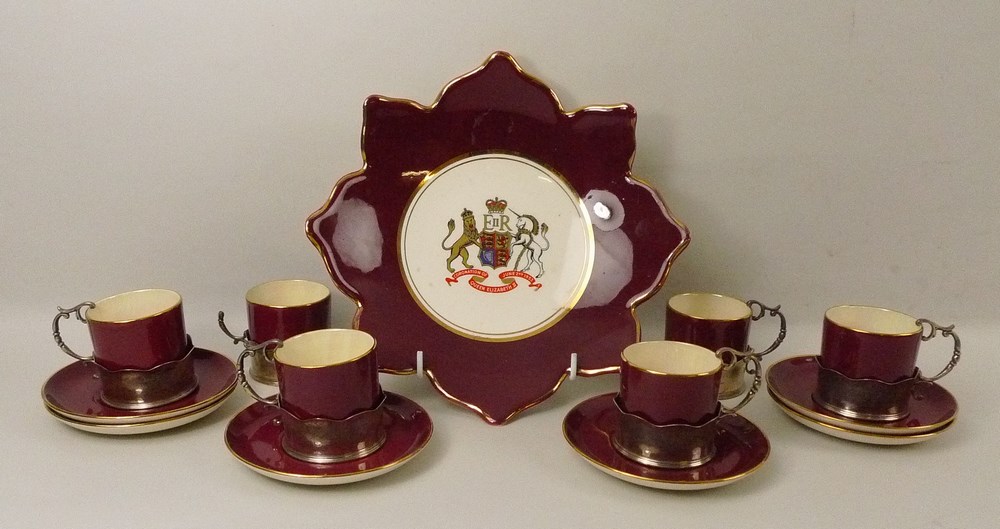 A Crown Devon Fielding's part coffee set, in maroon ground, the cups in silver holders, - Image 3 of 3