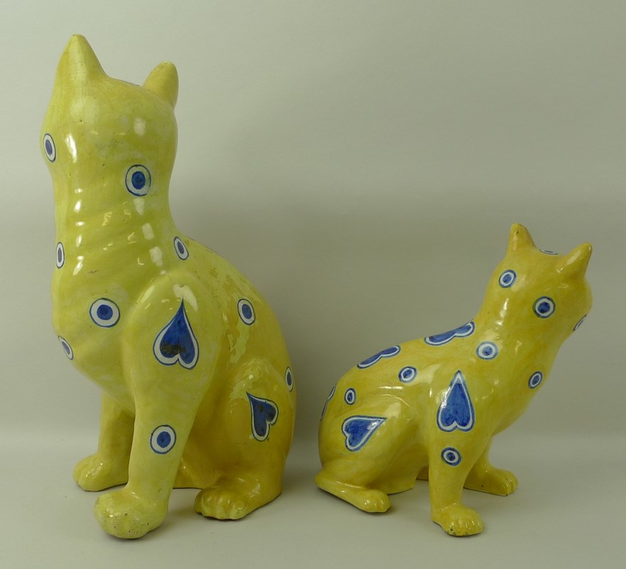 An Emile Galle yellow faience model of a seated cat, late 19th century, - Image 2 of 7