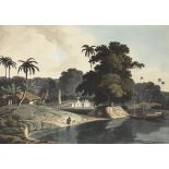 Thomas and William Daniell: 'Near Bandell on the River Hoogly', hand coloured aquatint, dated 1804,