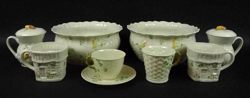 A collection of Belleek ceramics comprising two Daffodil fruit bowls, 25 by 12cm,