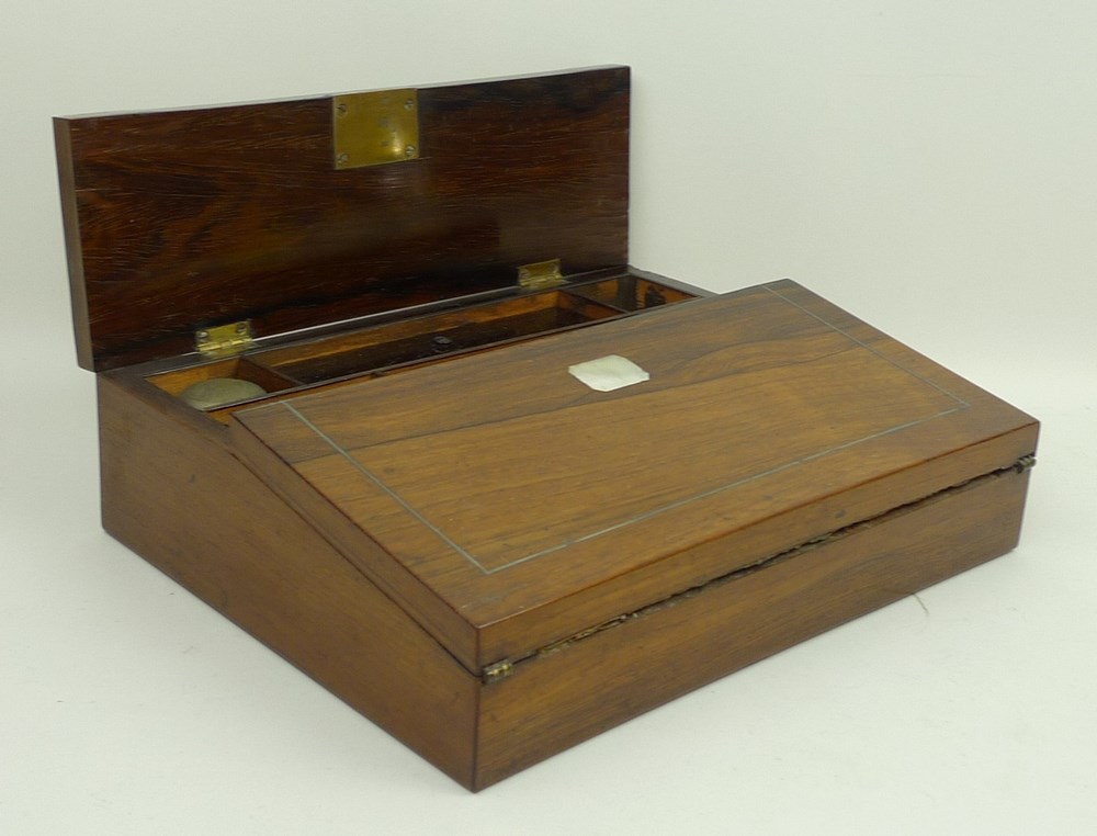 A Victorian rosewood writing slope with mother of pearl inlay, a/f slope loose, 30 by 24 by 8.5cm. - Image 2 of 4