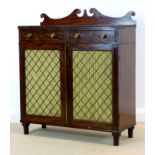 A Regency mahogany press cupboard, the scroll shaped gallery with brass paterae mounts,