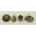 Four items of vintage and later jewellery comprising a silver and smoky quartz pendant,