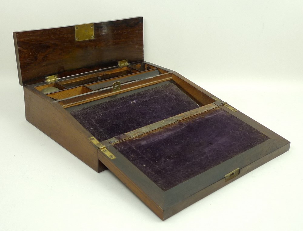 A Victorian rosewood writing slope with mother of pearl inlay, a/f slope loose, 30 by 24 by 8.5cm.