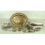 A collection of silver plated wares, including a pair of entrée dishes and covers of waisted,