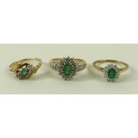 A 9ct gold, diamond and emerald three stone ring, size M, a 9ct gold,