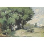 A French Impressionist style watercolour study of trees, possibly at Fontainebleau,