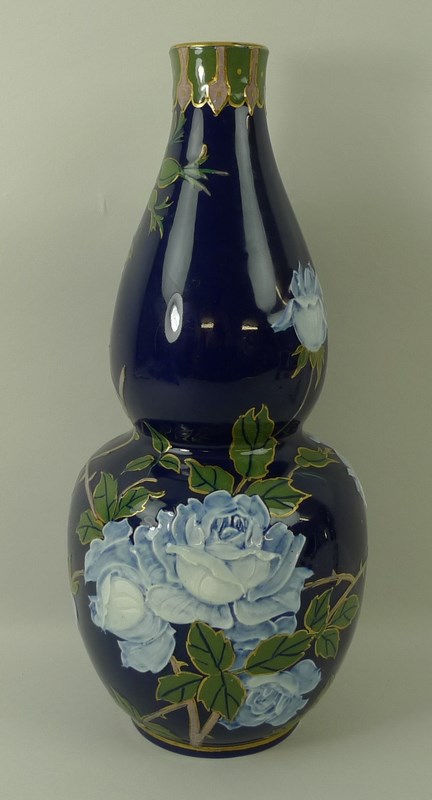 A Frederick Rhead Wood & Sons pate sur pate double gourd vase, early 20th century, with navy ground, - Image 2 of 4