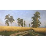 A 1960's Russian landscape depicting a path between ripe wheat fields and trees and an extensive