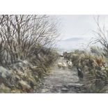 Wade: a study of shepherding on a hill farm track, watercolour, signed and dated '92', 34 by 45cm.