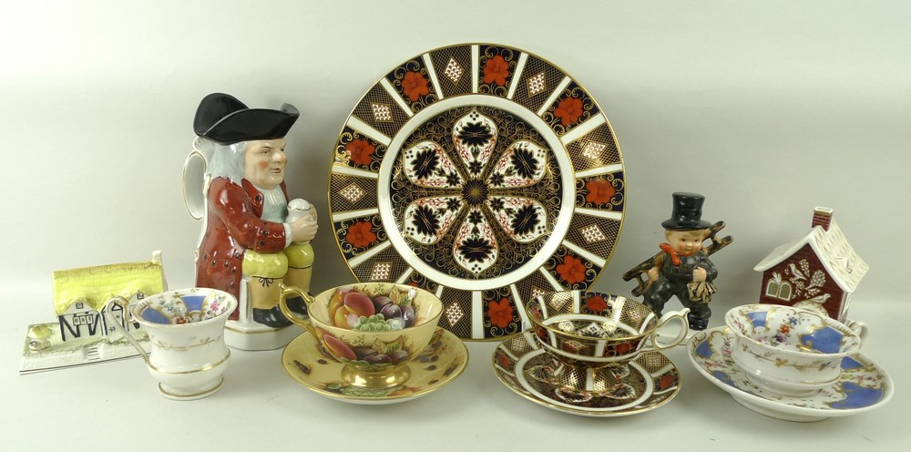 A collection of ceramics comprising a Royal Crown Derby Imari plate, cup and saucer 1128,