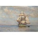 J. Fraser: Sailing ship in calm seas, watercolour, signed, 37 by 53cm.