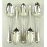 A set of five Scottish George III silver table spoons, Hanoverian pattern, monogram engraved,