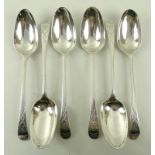 A set of six George III silver table spoons, bright-cut, Old English pattern, crested, London 1778,