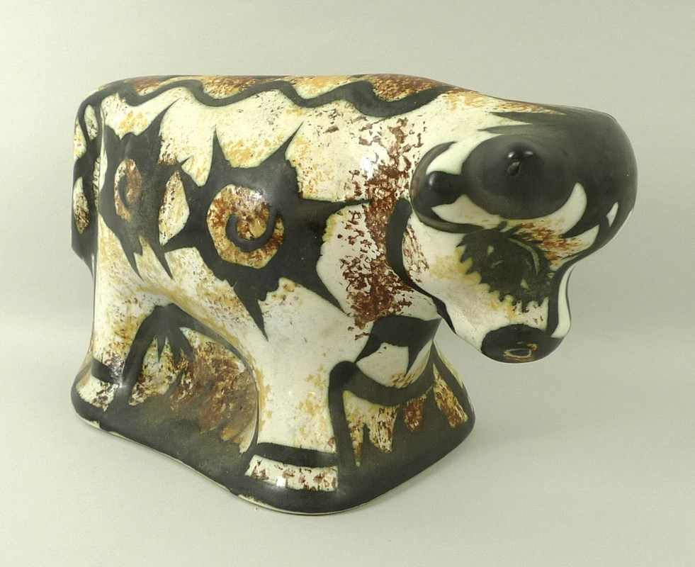 A Celtic Pottery, Newlyn, studio pottery figure of a bull, circa 1960's,