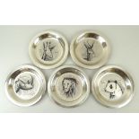 A set of five sterling silver John Pinches collector's animal plates, by Bernard Buffet, 1973-1977,