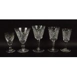 A group of Waterford table glasses, comprising five red wine, five white wine,