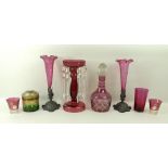 A collection of glassware comprising a pair of 19th century cranberry flutes, 22cm,