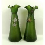 A pair of Bohemian glass vases, each with frilled rim,