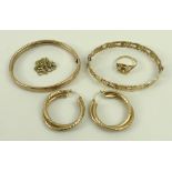 A collection of gold, both 9ct and unmarked, comprising a pair of hoop earrings, two bangles,