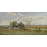 Gerald Dease: a landscape with a farmstead in trees, watercolour, signed lower right, 28 by 53cm,