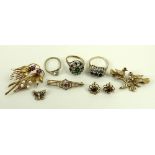 A collection of jewellery comprising three 9ct gold dress rings, a pair of stud earrings,