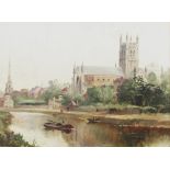 English School (late 19th / early 20th century): Worcester Cathedral on the River Severn,