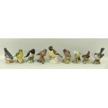 A group of eight Beswick birds, comprising Stonechat, number 2274, Whitethroat, number 2106,