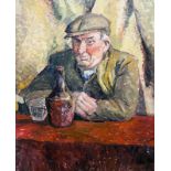 A portrait of a gentleman in a flat cap, drinking at a bar, 60 by 50cm,