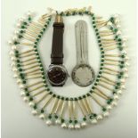 A Trifari 1960's necklace, with faux pearl, yellow metal and green cut stones, 40cm,