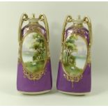 A pair of Noritake vases, of triangular form with three Art Nouveau style handles,