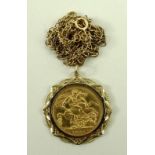 A Victorian gold sovereign, 1893, in pendant mount with chain, 15.1g total weight.