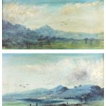 A pair of landscape studies, with lakes in the fore ground and mountains behind, oils on board,