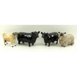 A group of Beswick farm ruminants comprising pair of black Aberdeen Angus cattle, both bull,