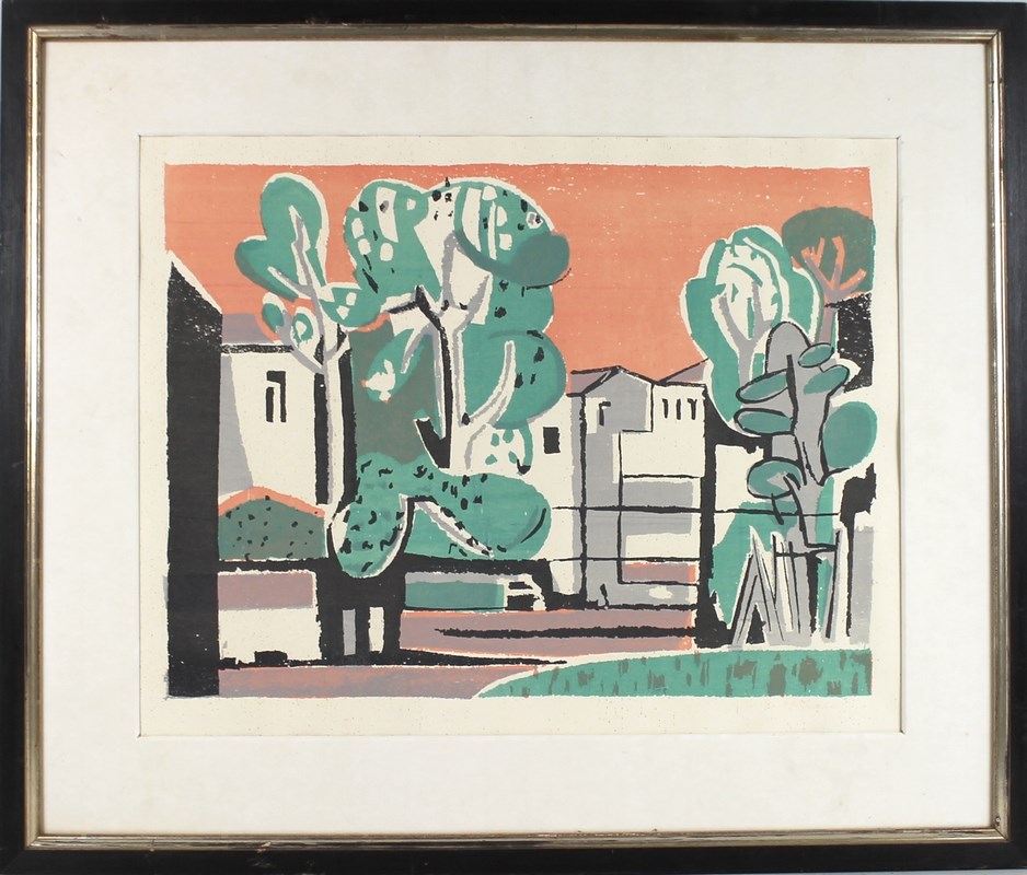Ernst Schumacher (German, 1905-1963): a townscape of houses and trees, with an apricot sky, - Image 2 of 5