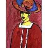 A contemporary continental study of a woman in red, wearing an orange hat, oil on canvas,