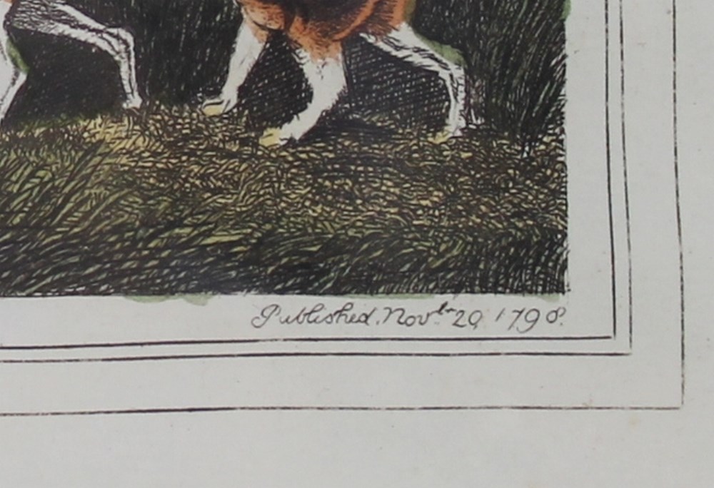 After Samuel Howitt (British, 1756-1822): six fox hunting scenes, hand coloured aquatints, - Image 3 of 3