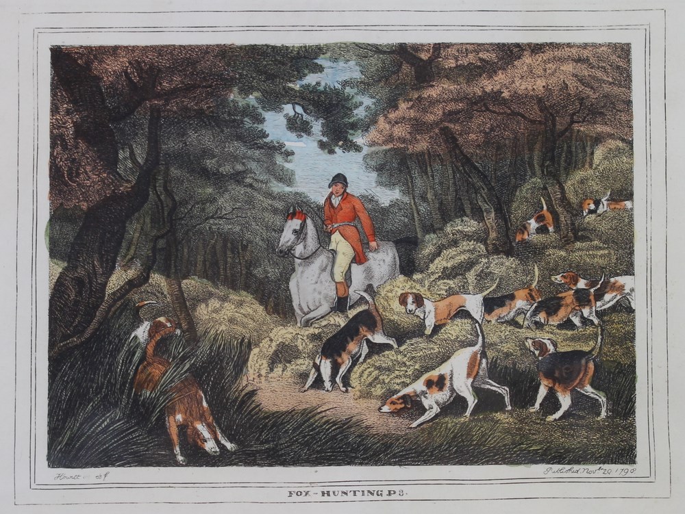 After Samuel Howitt (British, 1756-1822): six fox hunting scenes, hand coloured aquatints,