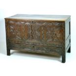 An oak lounge blanket chest, 17th century and later, with two plank lift lid,