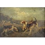 English School (19th century): a study of a pack of hounds in a landscape, oil on board, 10 by 16cm,